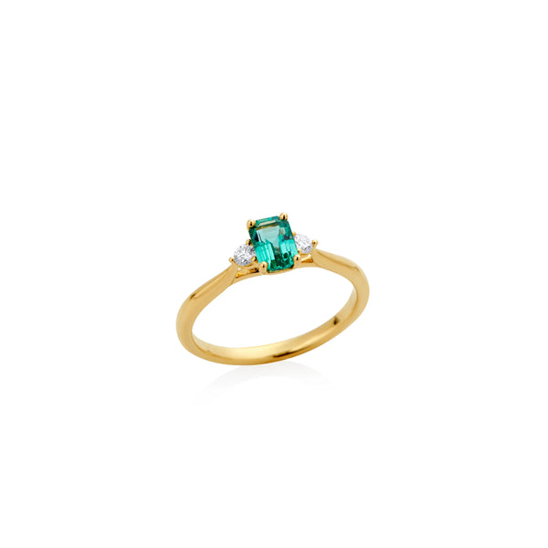 ANILLO ESMERALDA BAGUETTE VERTICAL Y DIAMANTES EN ORO 18K