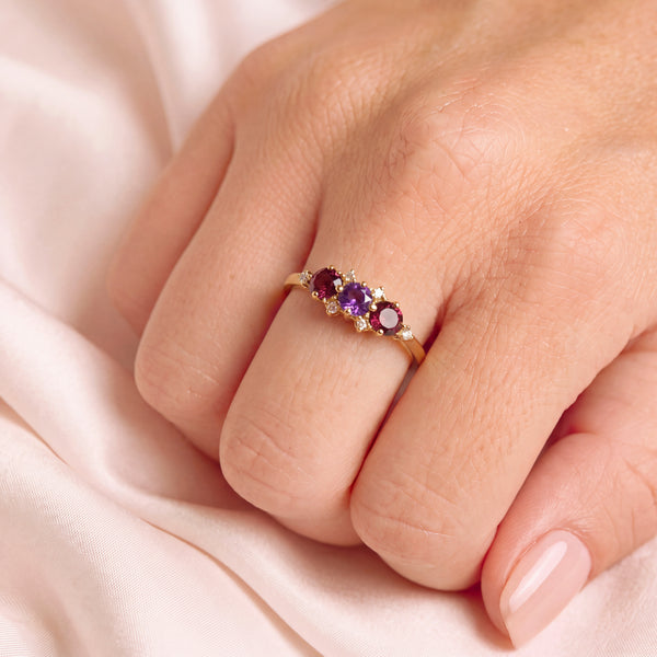 ANILLO 3 PIEDRAS AMATISTA Y TURMALINA CON DIAMANTES EN ORO 18K - Secondary