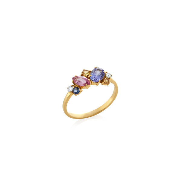 ANILLO ZAFIROS AZUL, AMARILLO, ROSADO Y DIAMANTES ORO 18K