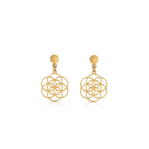 ARETES SEMILLA DE LA VIDA COLGANTES EN ORO 18K