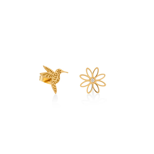 ARETES COLIBRÍ Y MARGARITA CON DIAMANTE EN ORO 18K