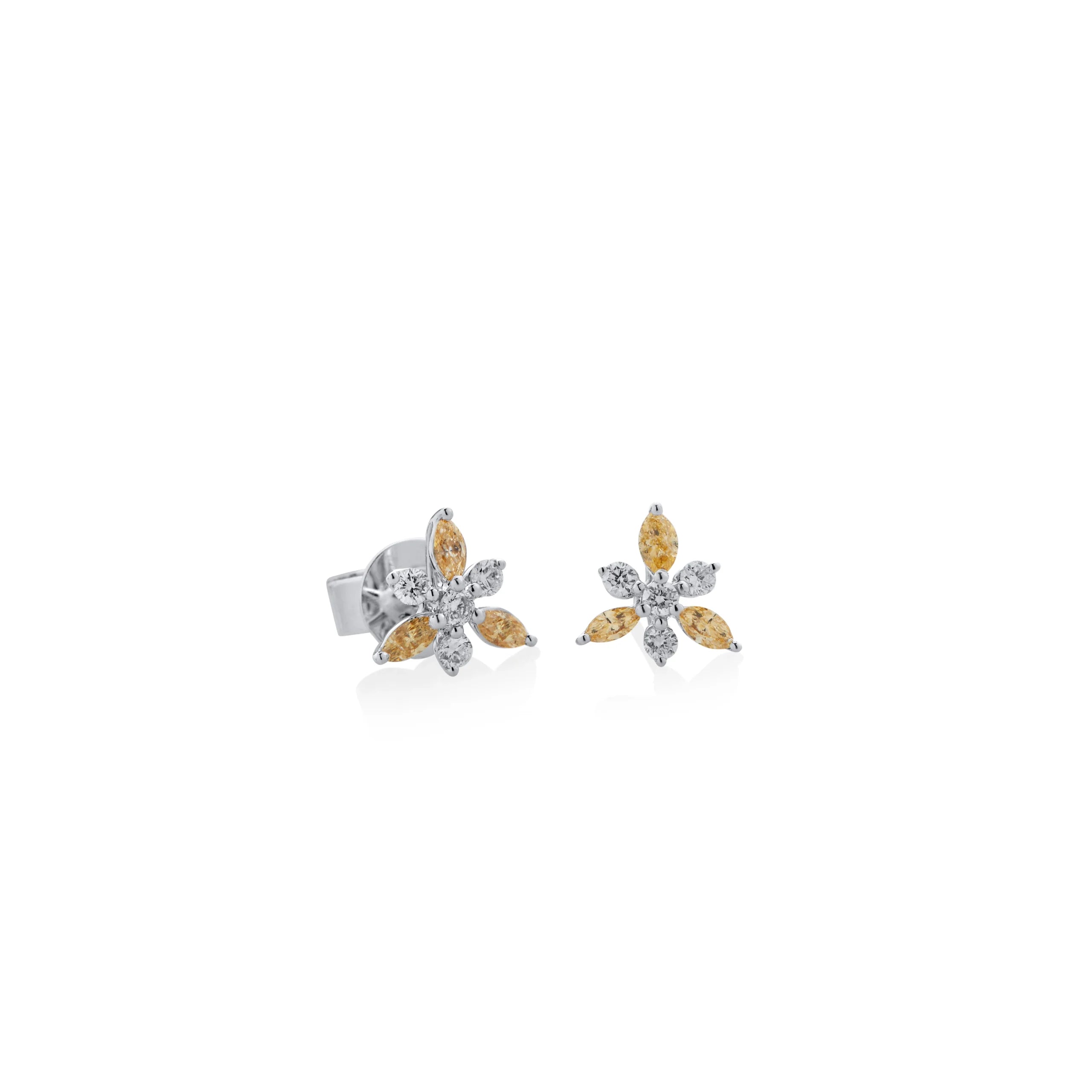 ARETES DIAMANTES FLOR Y DIAMANTES AMARILLOS EN ORO BLANCO 18K - Gallery 1