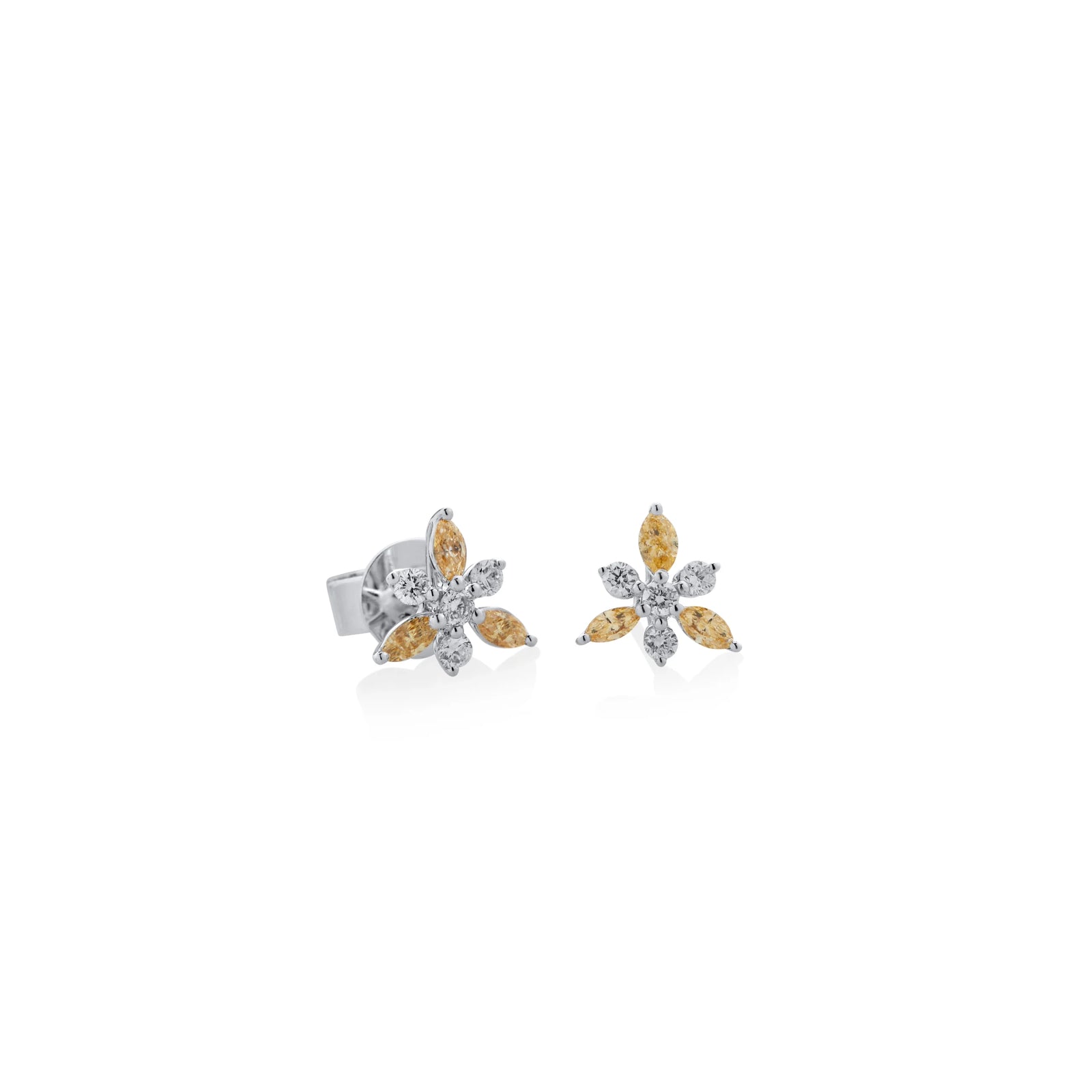 ARETES DIAMANTES FLOR Y DIAMANTES AMARILLOS EN ORO BLANCO 18K - Image 1
