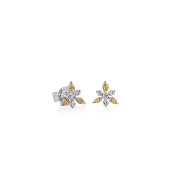 ARETES DIAMANTES FLOR Y DIAMANTES AMARILLOS EN ORO BLANCO 18K