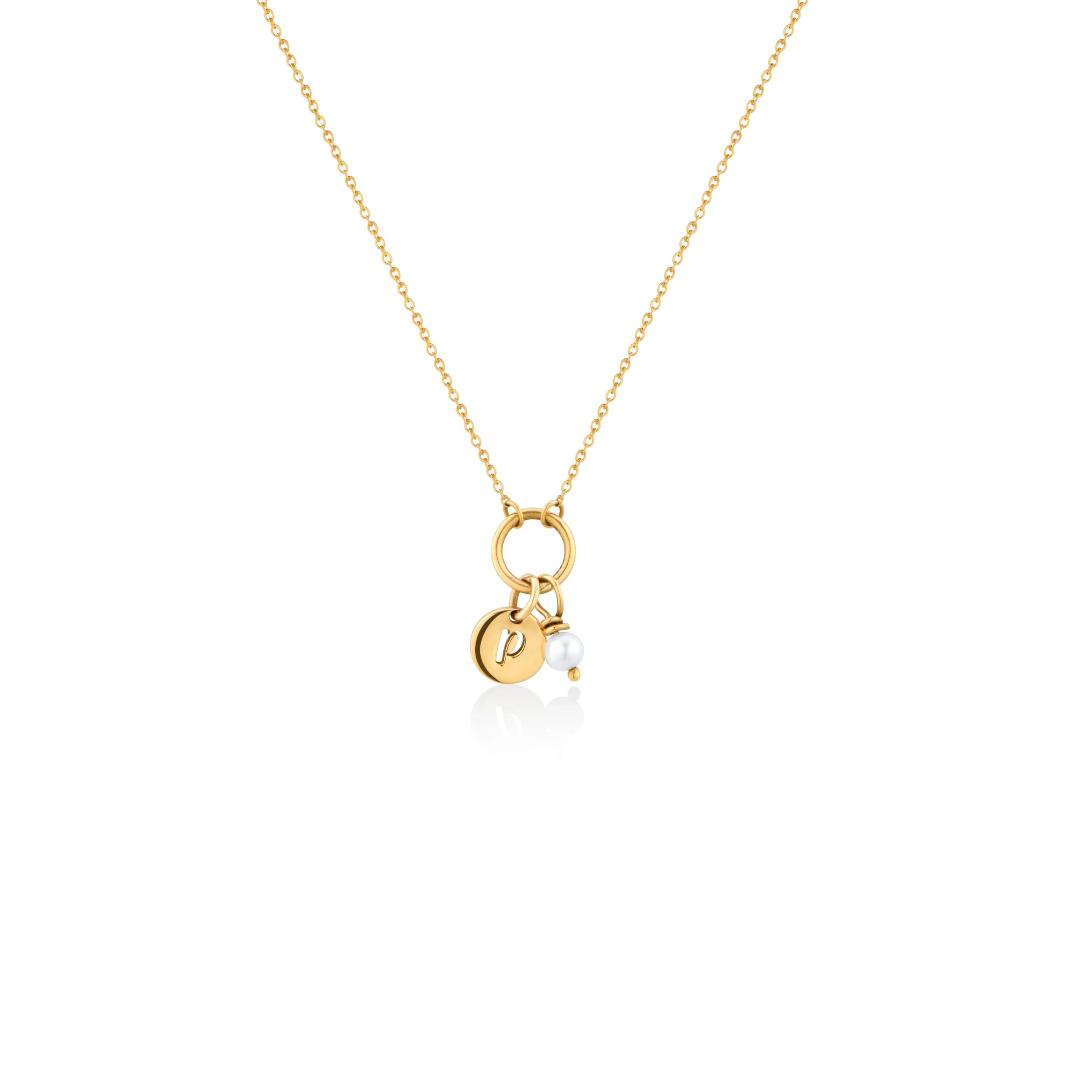 COLLAR ARO CON PLACA INICIAL Y PERLA EN ORO 18K - Gallery 1