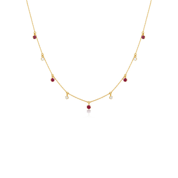 COLLAR PIEDRAS COLGANTES DIAMANTES Y RUBÍES EN ORO 18K