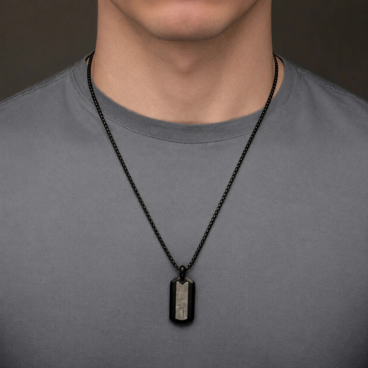 COLLAR PLACA MILITAR DE ACERO INOXIDABLE NEGRO CON METEORITO - Gallery 3