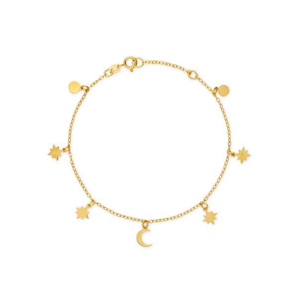 PULSERA DIJES COLGANTES: LUNA, DESTELLOS, CÍRCULOS EN ORO 18K