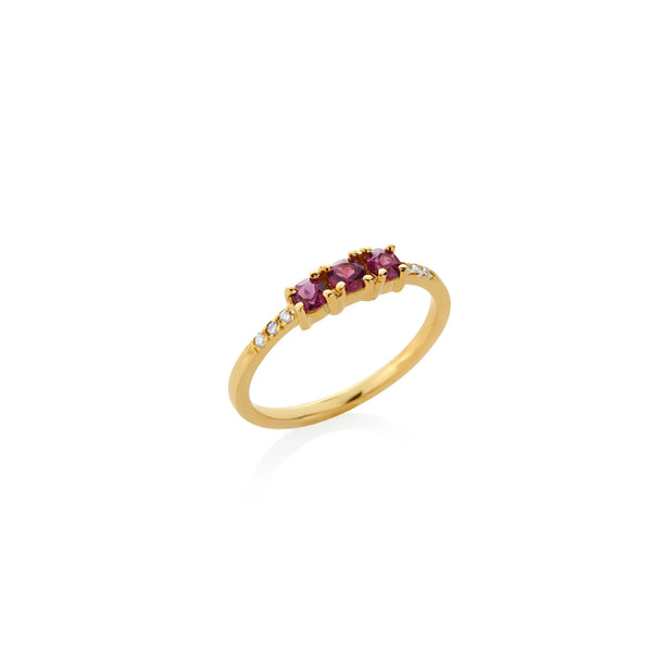 ANILLO 3 PIEDRAS Y DIAMANTES LATERALES Y RODOLITAS EN ORO 18K