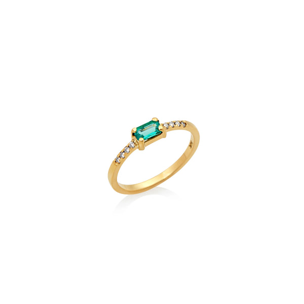 ANILLO ESMERALDA BAGUETTE HORIZONTAL Y DIAMANTES EN ORO 18K