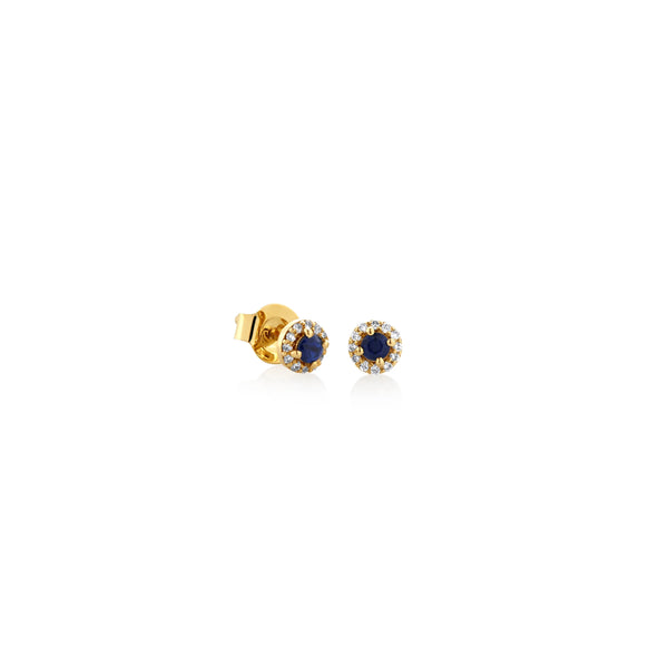 ARETES PIERCING DIAMANTES ROSETA REDONDA CON ZAFIRO EN ORO 14K