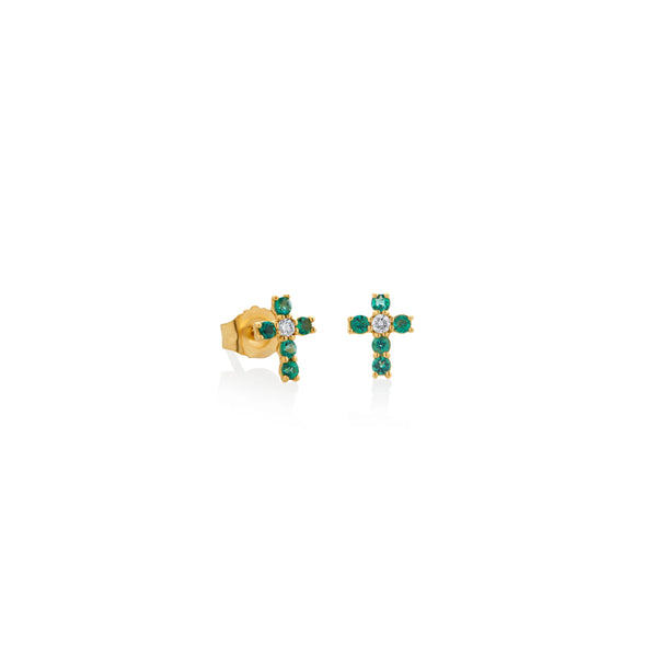 ARETES PIERCING CRUZ ESMERALDAS Y DIAMANTES EN ORO 18K