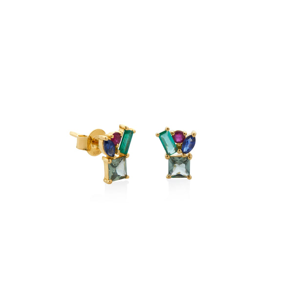 ARETES PIEDRAS PRECIOSAS MULTIFORMAS Y TURMALINA VERDE EN ORO 18K