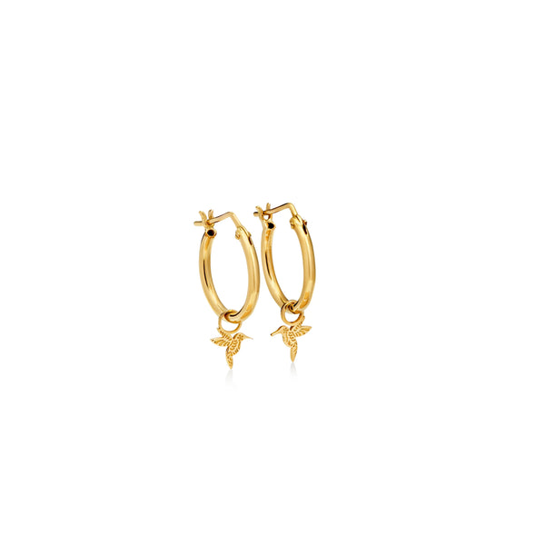 ARGOLLAS DELGADAS CON DIJES DE COLIBRÍ MINI EN ORO 18K
