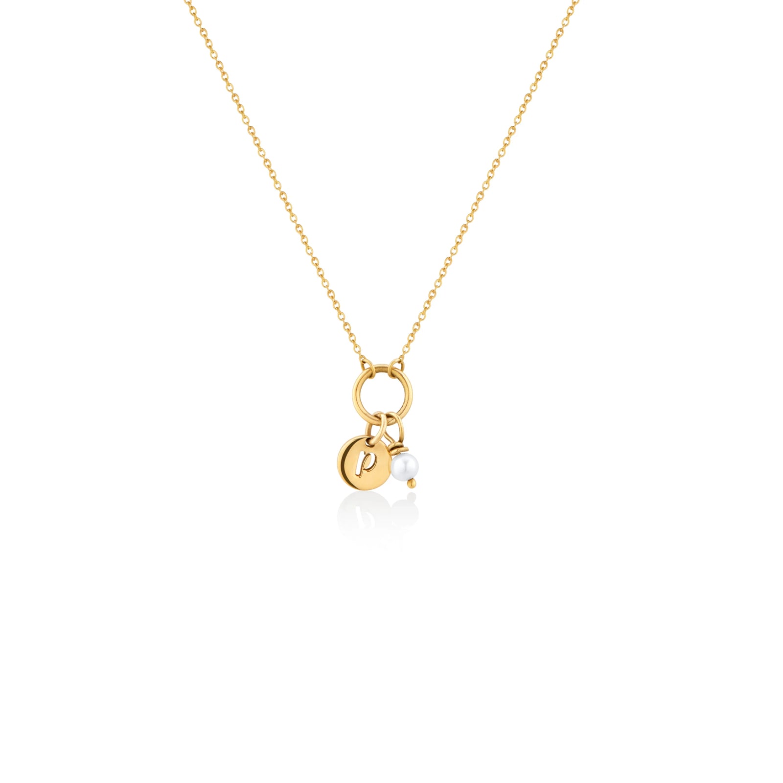 COLLAR ARO CON PLACA INICIAL Y PERLA EN ORO 18K - Image 1