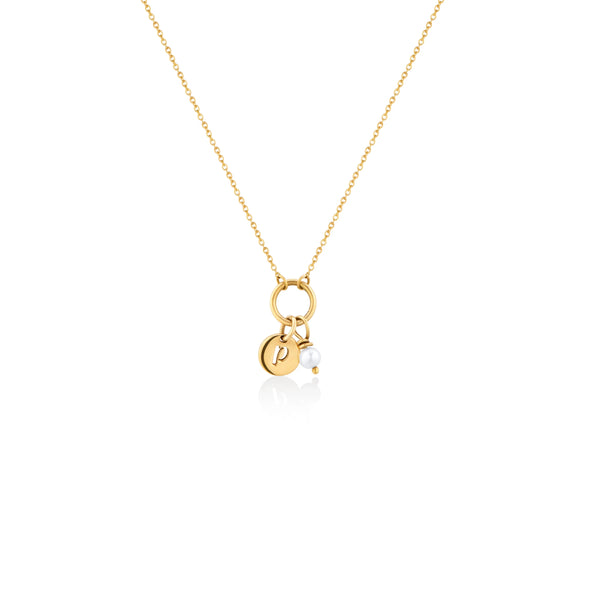 COLLAR ARO CON PLACA INICIAL Y PERLA EN ORO 18K