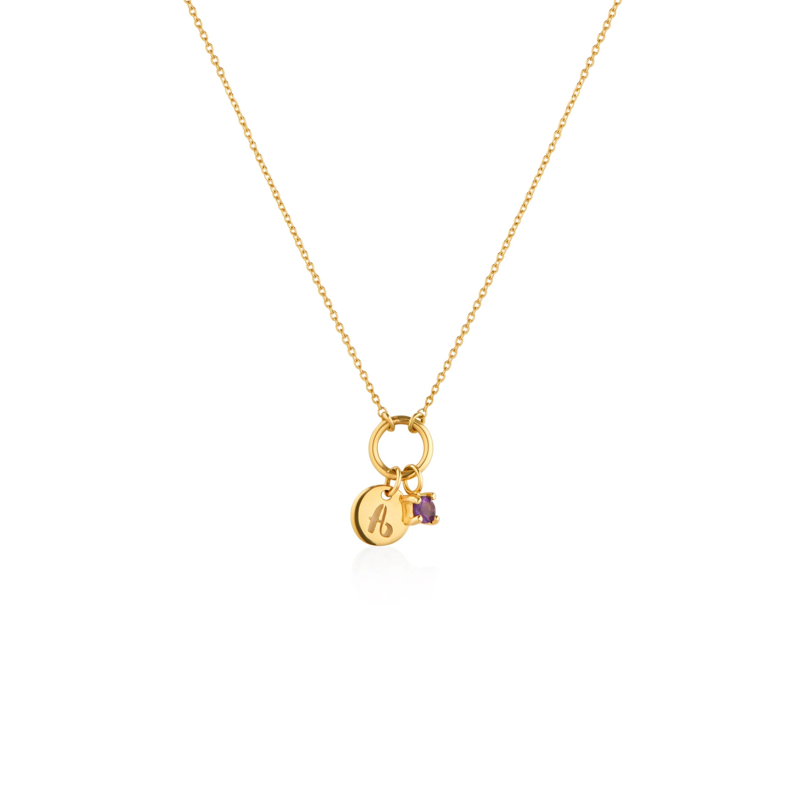 COLLAR ARO CON PLACA INICIAL A Y AMATISTA EN ORO 18K - Gallery 1