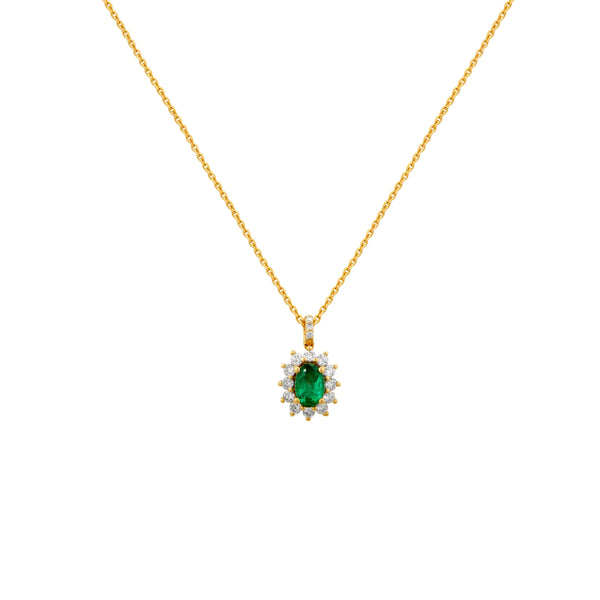 COLLAR ESMERALDA Y DIAMANTES ROSETA OVAL EN ORO 18K