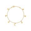 PULSERA DIJES COLGANTES: LUNA, DESTELLOS, CÍRCULOS EN ORO 18K