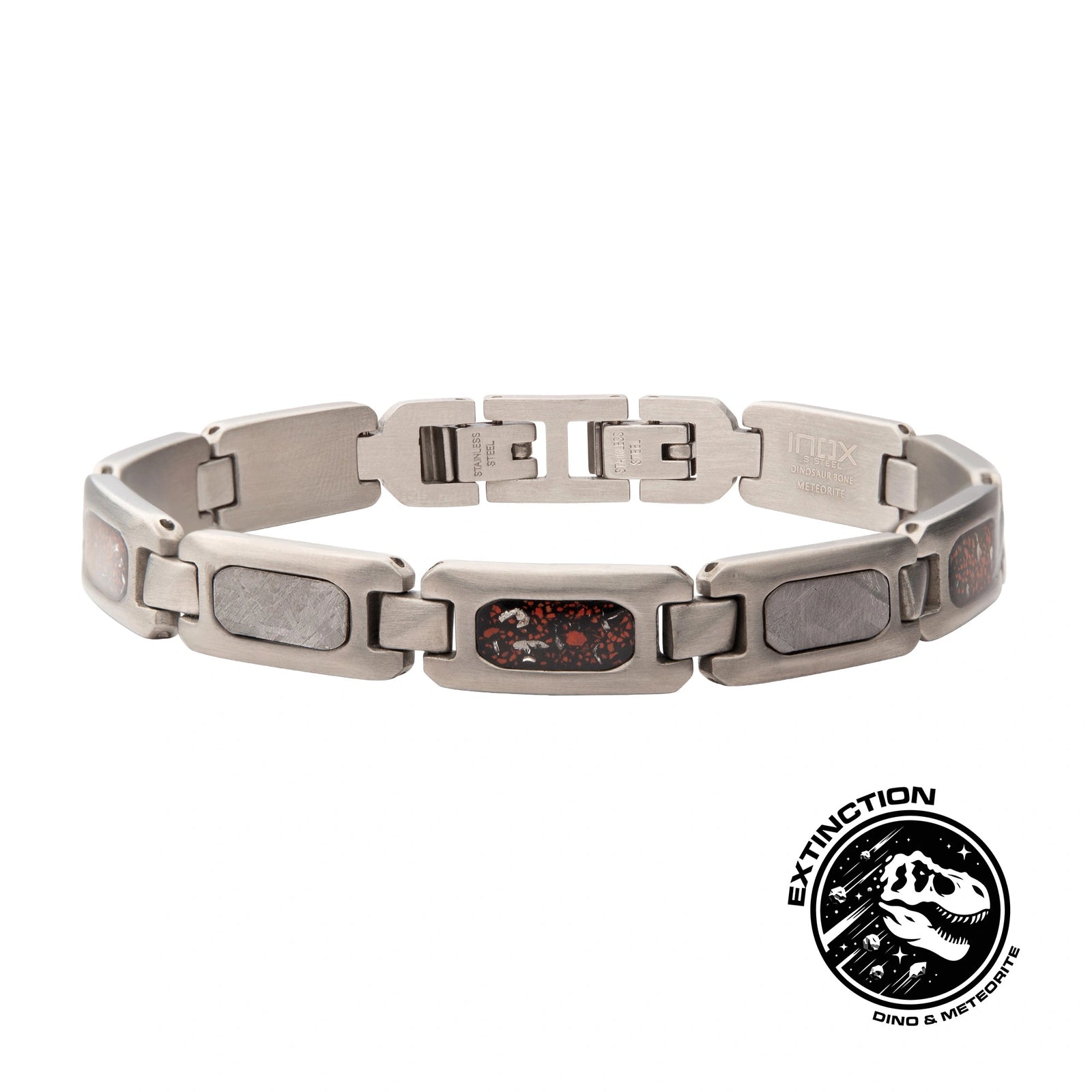 PULSERA DE ACERO INOXIDABLE CON METEORITO Y HUESO DE DINOSAURIO - Image 1